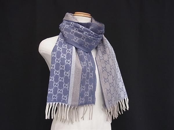 GUCCI グッチ 08 338 986 GG柄 カシミヤ ウール フリンジ マフラー ストール 防寒具 ブルー系 グレー系 FS 2449