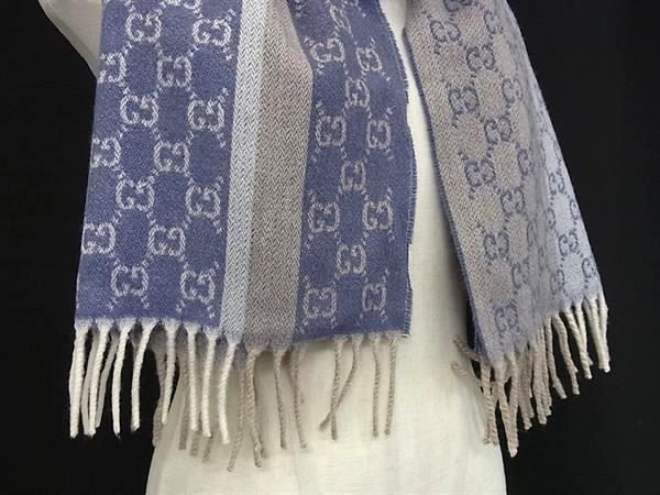 GUCCI グッチ 08 338 986 GG柄 カシミヤ×ウール フリンジ マフラー ストール 防寒具 ブルー系×グレー系 FS 2449