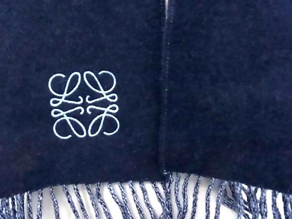 LOEWE ロエベ アナグラム ウール×カシミヤ フリンジ マフラー ストール ショール 防寒具 レディース ネイビー系 FL 7580