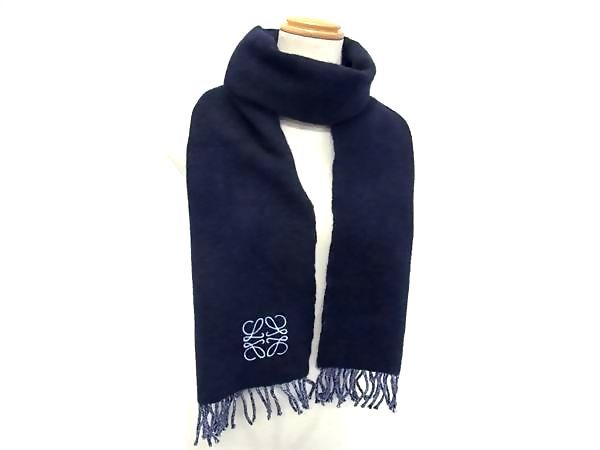 LOEWE ロエベ アナグラム ウール×カシミヤ フリンジ マフラー ストール ショール 防寒具 レディース ネイビー系 FL 7580