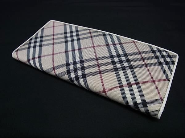バーバリー ナイロンキャンバス×レザー チェック柄 三つ折り 長財布 札入れ 小銭入れ アイボリー系 GA 6543