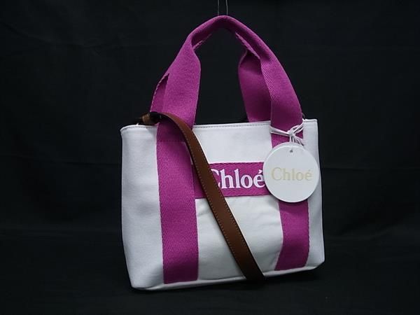Chloe クロエ キャンバス 2 WAY ハンドバッグ トートバッグ ショルダー レディース ホワイト系×ピンク系 FN 8639