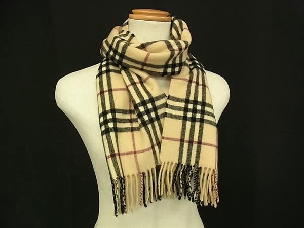 バーバリー ノバチェック カシミヤ フリンジ マフラー ストール ショール ベージュ系 FN 9166