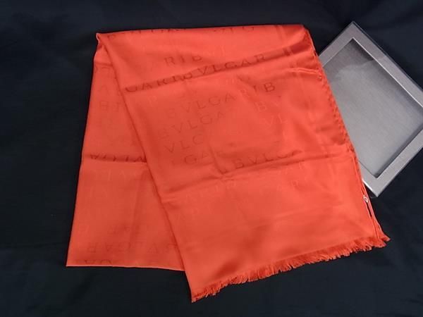 BVLGARI ブルガリ ロゴマニア シルク フリンジ マフラー ショール ストール レディース オレンジ系 FR 7225