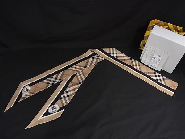 バーバリー シルク チェック柄 ツイリー リボンスカーフ レディース ライトブラウン系 FR 7341