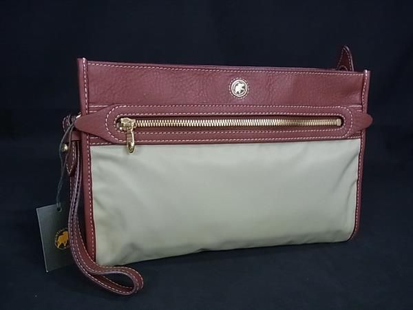 HUNTING WORLD ハンティングワールド ナイロン×レザー クラッチバッグ セカンドバッグ ベージュ系×ブラウン系 FW 0010