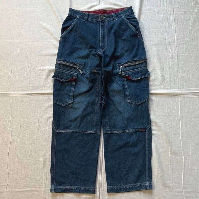 00s　archive　当時物　PRACT DENIM　ワイドシルエット　バギーデニム　サイドフラップポケット　カーゴパンツ　ジーンズ　複数ポケット　ダブルニー　膝当て布　ワンポイントロゴ刺繍タグ　