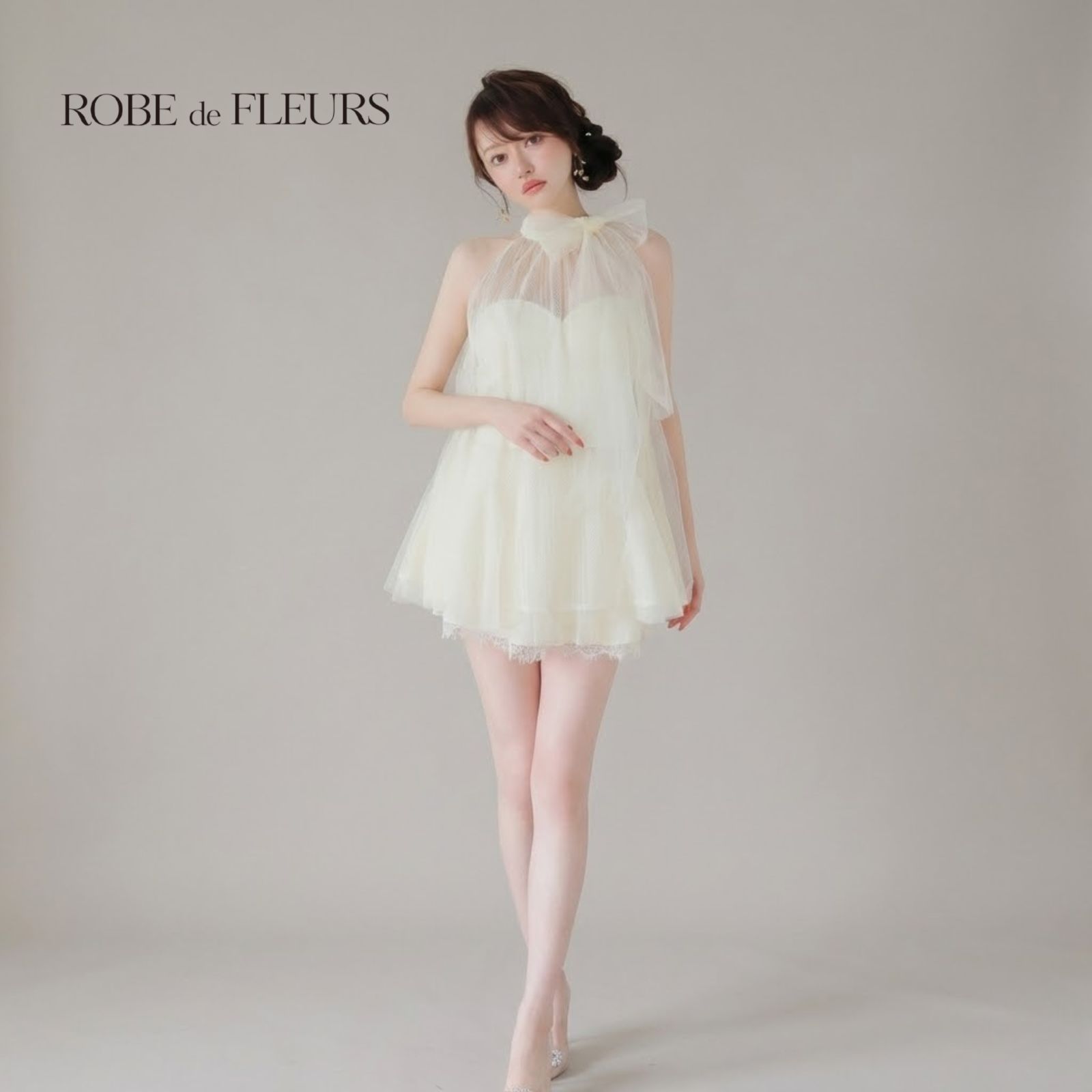 ROBE de FLEURS ローブドフルール fm 3486 ハイネックウエストリボンフ ミニキャバドレス Ivory