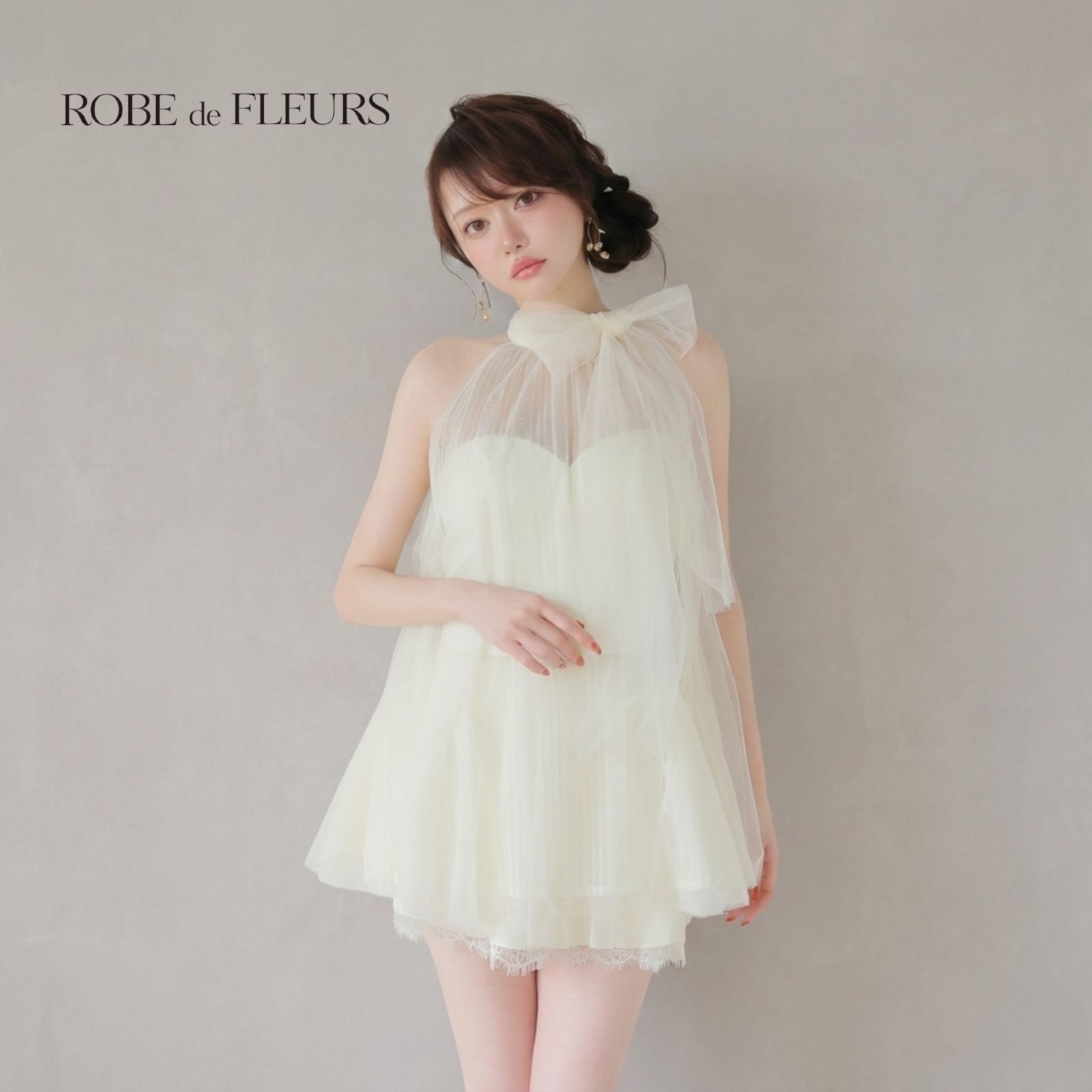 ROBE de FLEURS ローブドフルール fm 3486 ハイネックウエストリボンフ ミニキャバドレス Ivory