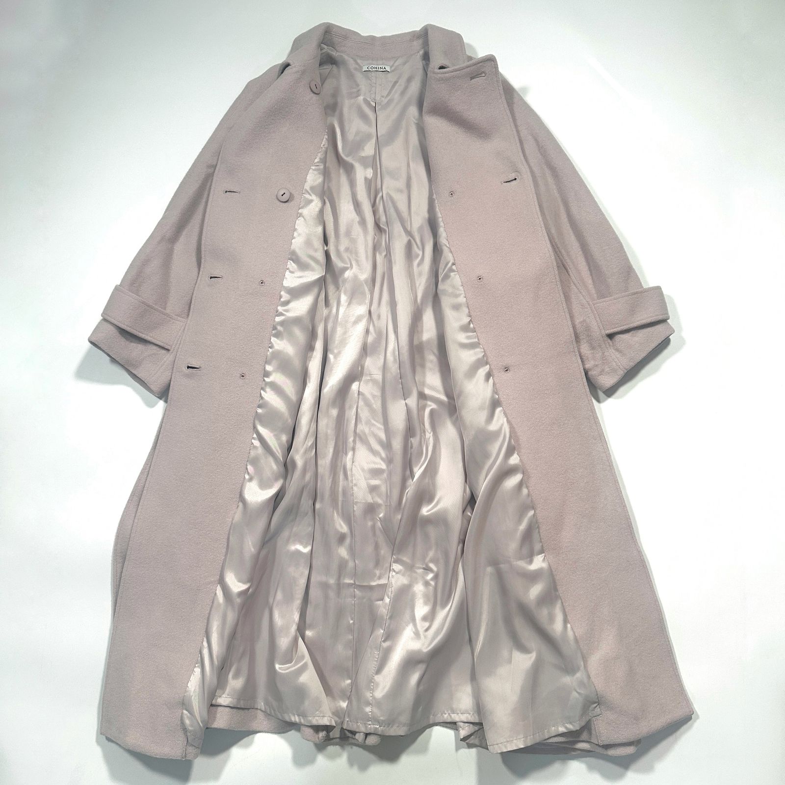 COHINA コヒナ バックフ ウールコート ロング ダブル ベルト付き ピンクベージュ Aライン くすみ レギュラー 裏地付き 通勤 防寒 大人かわいい