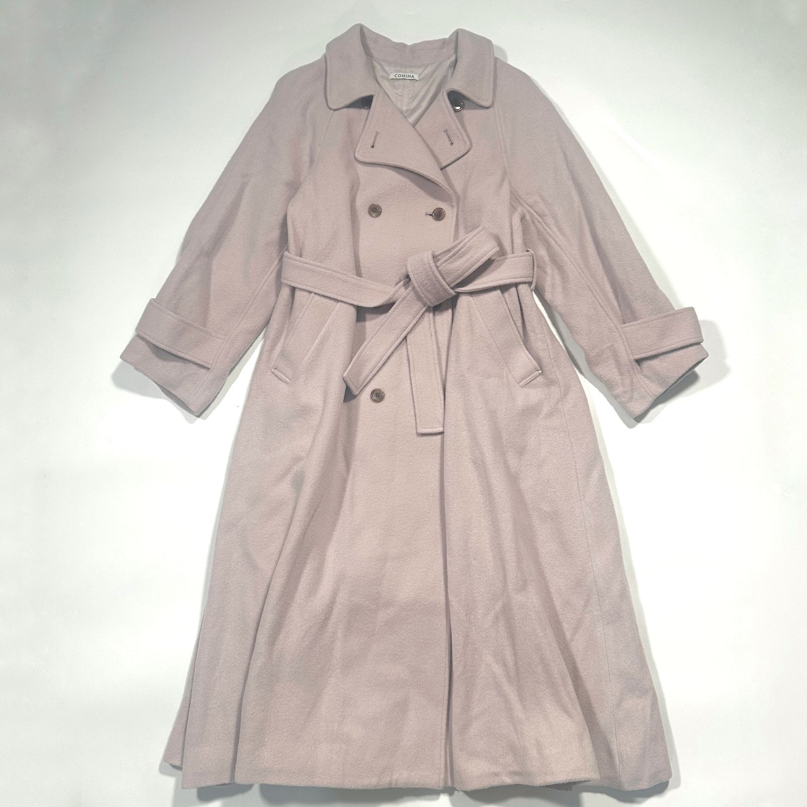 COHINA コヒナ バックフ ウールコート ロング ダブル ベルト付き ピンクベージュ Aライン くすみ レギュラー 裏地付き 通勤 防寒 大人かわいい