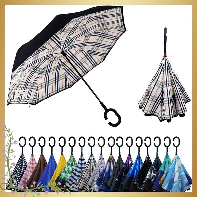 YOKITOMO 長傘 レディース 逆さ傘丈夫 撥水 内外２枚の布の構成で耐風 熱中症対策 遮光 遮熱効果 閉じると自立可能 晴雨兼用傘 車用(チェック)人気ギフト 0