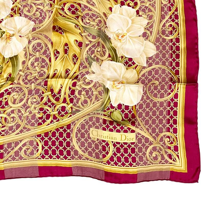 美品 クリスチャンディオール シルク 花柄スカーフ 大判 パープル系 総