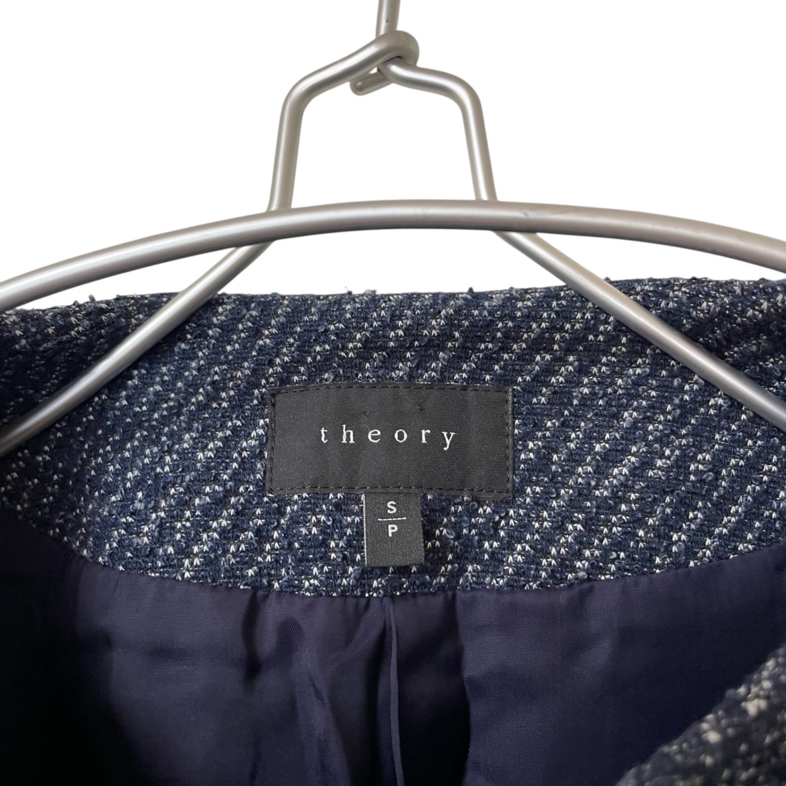 美品✨Theory セオリー ノーカラージャケット ツイード フリンジ 紺 現行 大人気 Theory フリンジ ツイード ノーカラー ジャケット S ネイビー