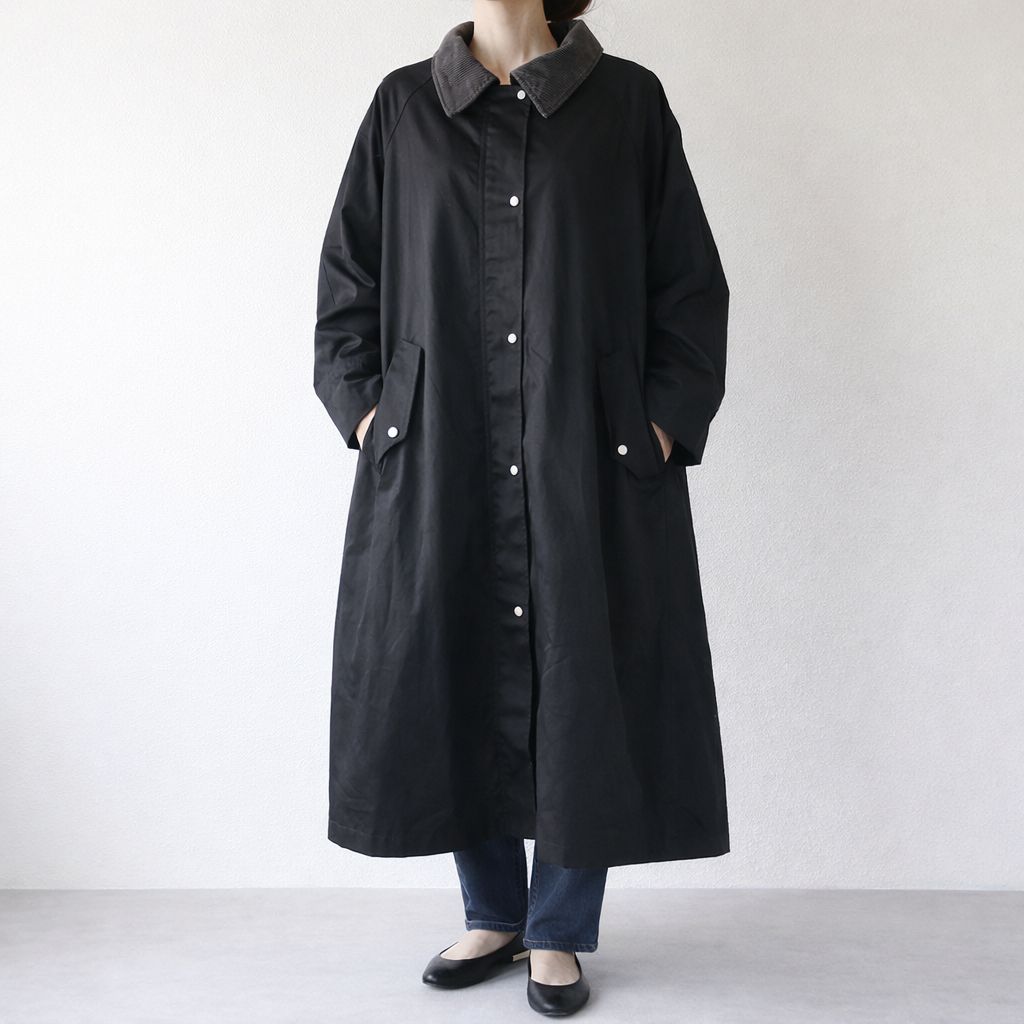 n'Or コーデュロイ襟 ブラック ロングコート 比翼仕立て ゆったり