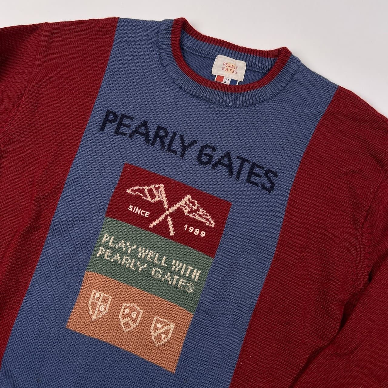 90s PEARLY GATES パーリーゲイツ ロゴ入り ウールニットセーター F