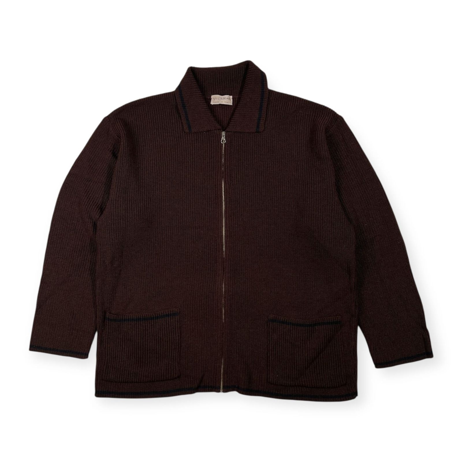 90 s イタリア製 KRIZIA UOMO クリツィア ウォモ ジップアップ リブ ウールニット ジャケット カーディガン サイズ L メンズ ブラウン ビンテージ