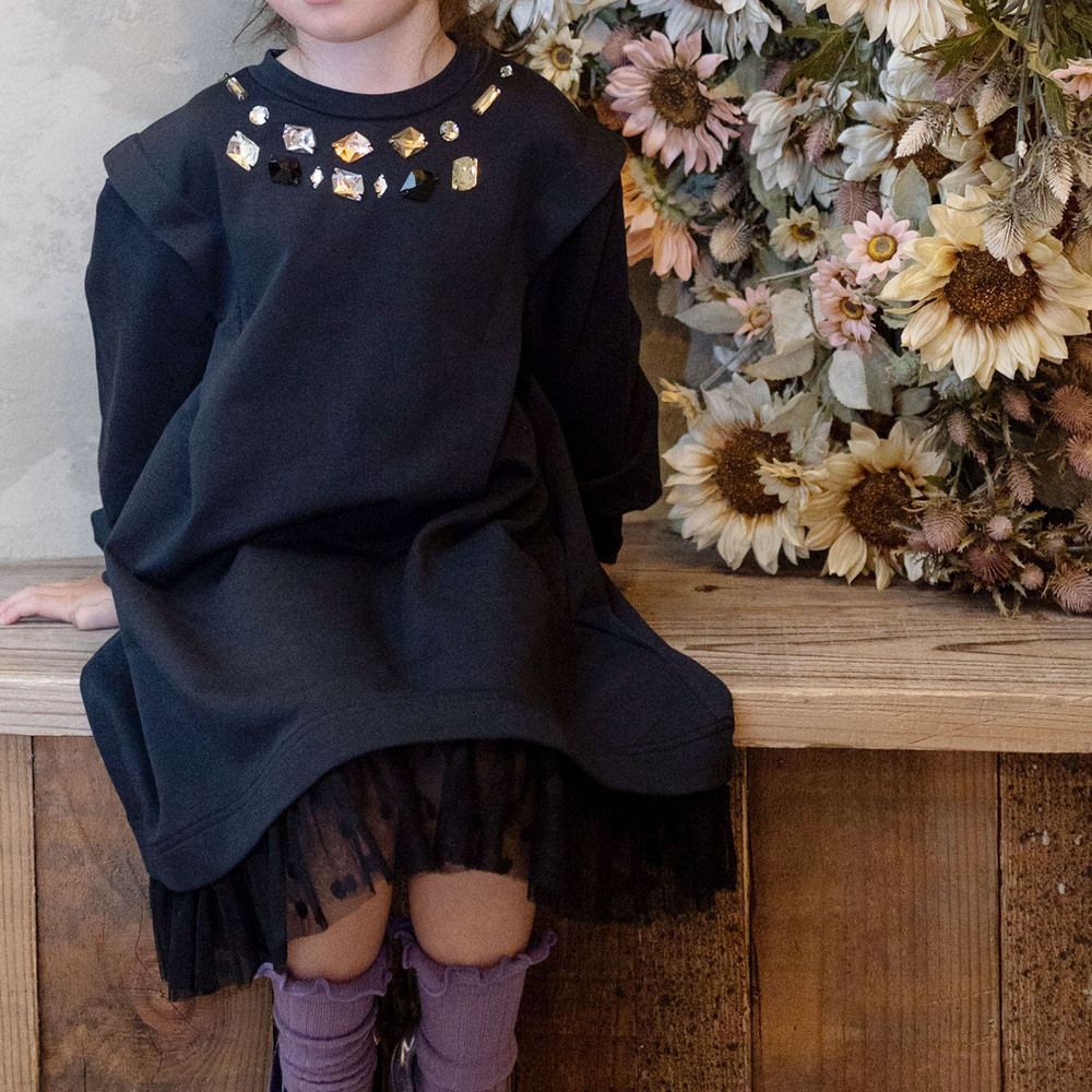 ブラック  130cm  Rora ダリア ストーンワンピース Rora ワンピース ダリア ストーンワンピース 子供服 キッズワンピース 長袖 カジュアル チュール レース 女の子 キッズ 子供 こども 子ども お