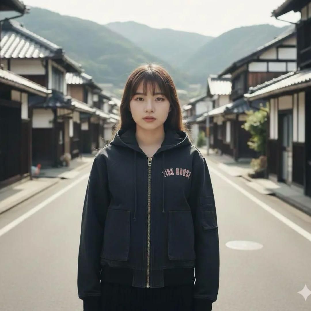 PINK HOUSE ピンクハウス ジャケット 黒 PINK HOUSE ピンクハウス ロゴ入り 中綿フードブルゾン 黒フリーサイズ