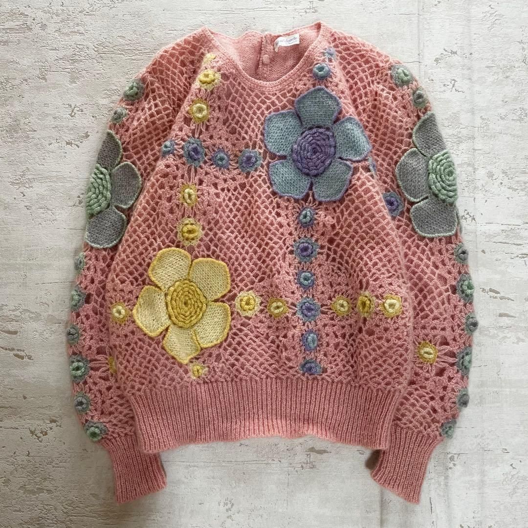 昭和レトロ花モチーフ かぎ編みニット セーター 総柄 立体編み  