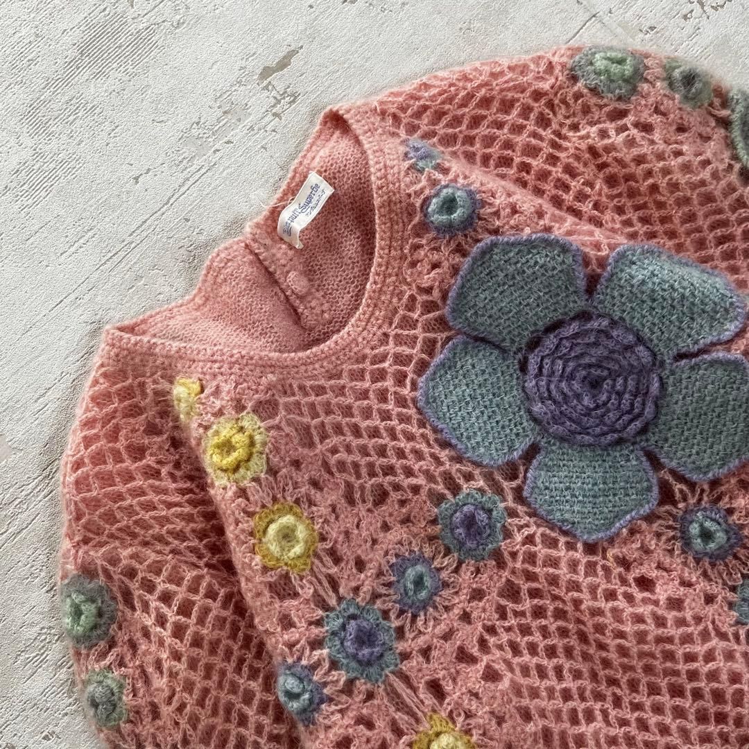 昭和レトロ花モチーフ かぎ編みニット セーター 総柄 立体編み  