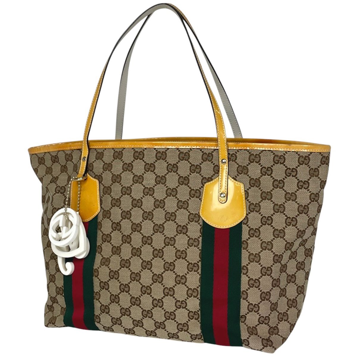 グッチ GUCCI GG柄 トートバッグ シェリーライン エナメル GGキャンバス ベージュ イエロー 211970 レディース