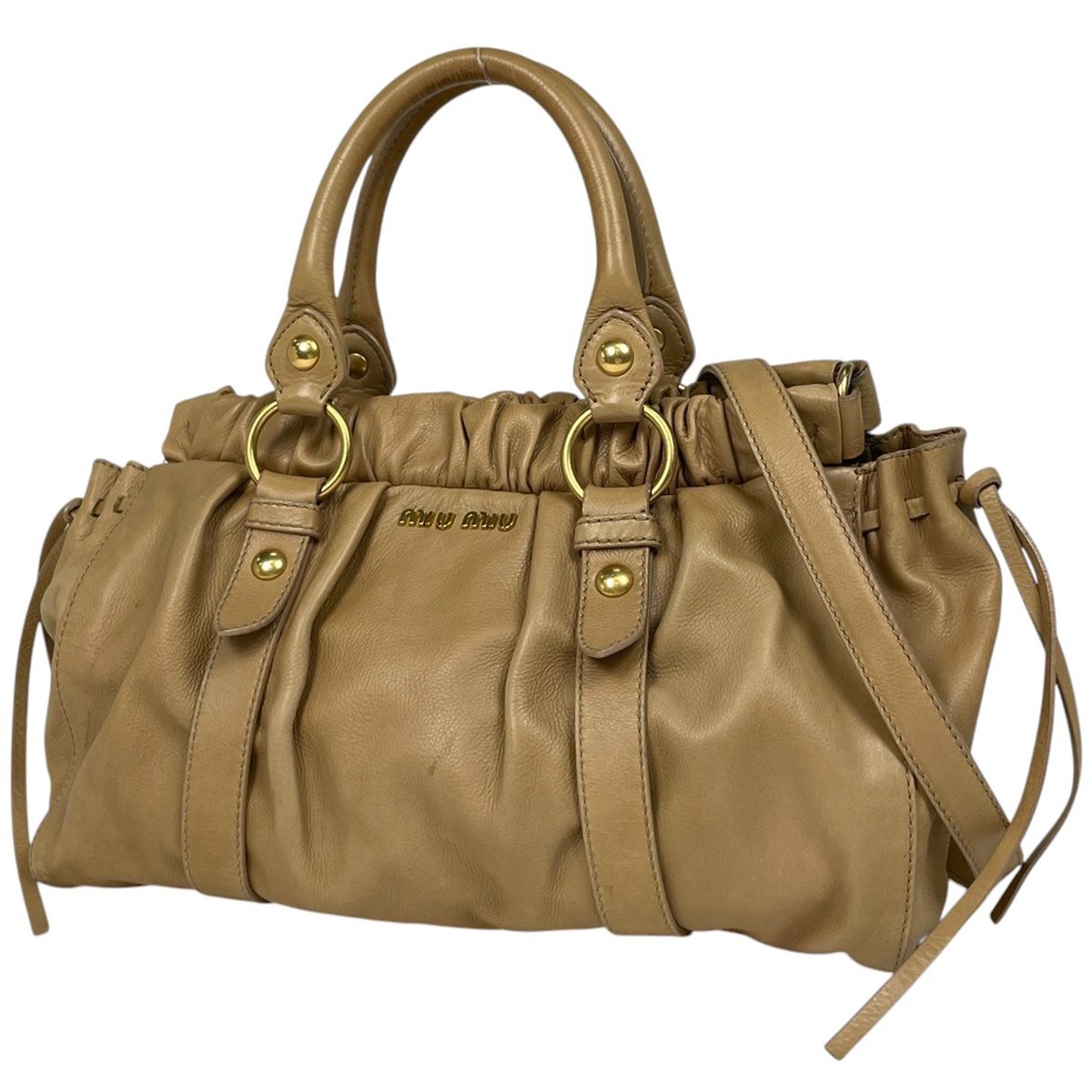 ミュウ Miu ロゴ ハンドバッグ 2 WAY ショルダーバッグ レザー ゴールド レディース