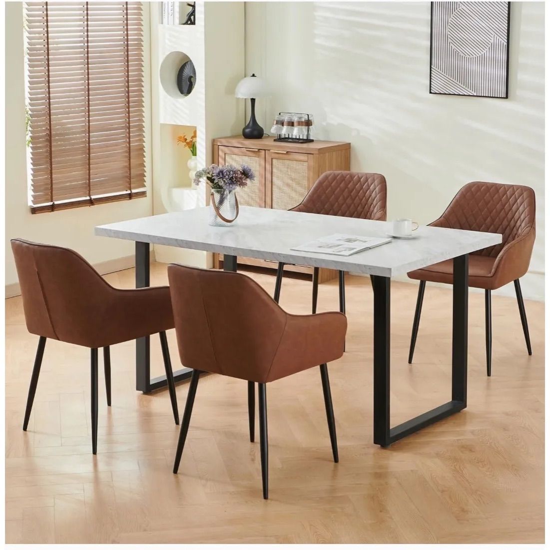 高級レザーファブリックダイニングチェアブラウン4脚セットスチール脚北欧風おしゃれ 高級感レザーファブリックダイニングチェアブラウン4脚セットスチール