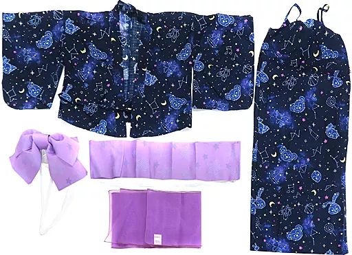 衣料雑貨 星座デザイン 浴衣 ネイビー×パープル フリーサイズ ダッフィー＆フレンズのサマーナイト メロディー 東京ディズニーシー