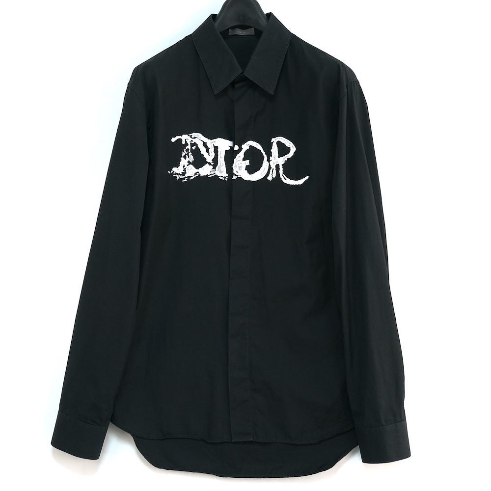 DIOR ディオール Peter Doig ピータードイグ コラボ ロゴ刺繍 比翼シャツ ブラック コットン