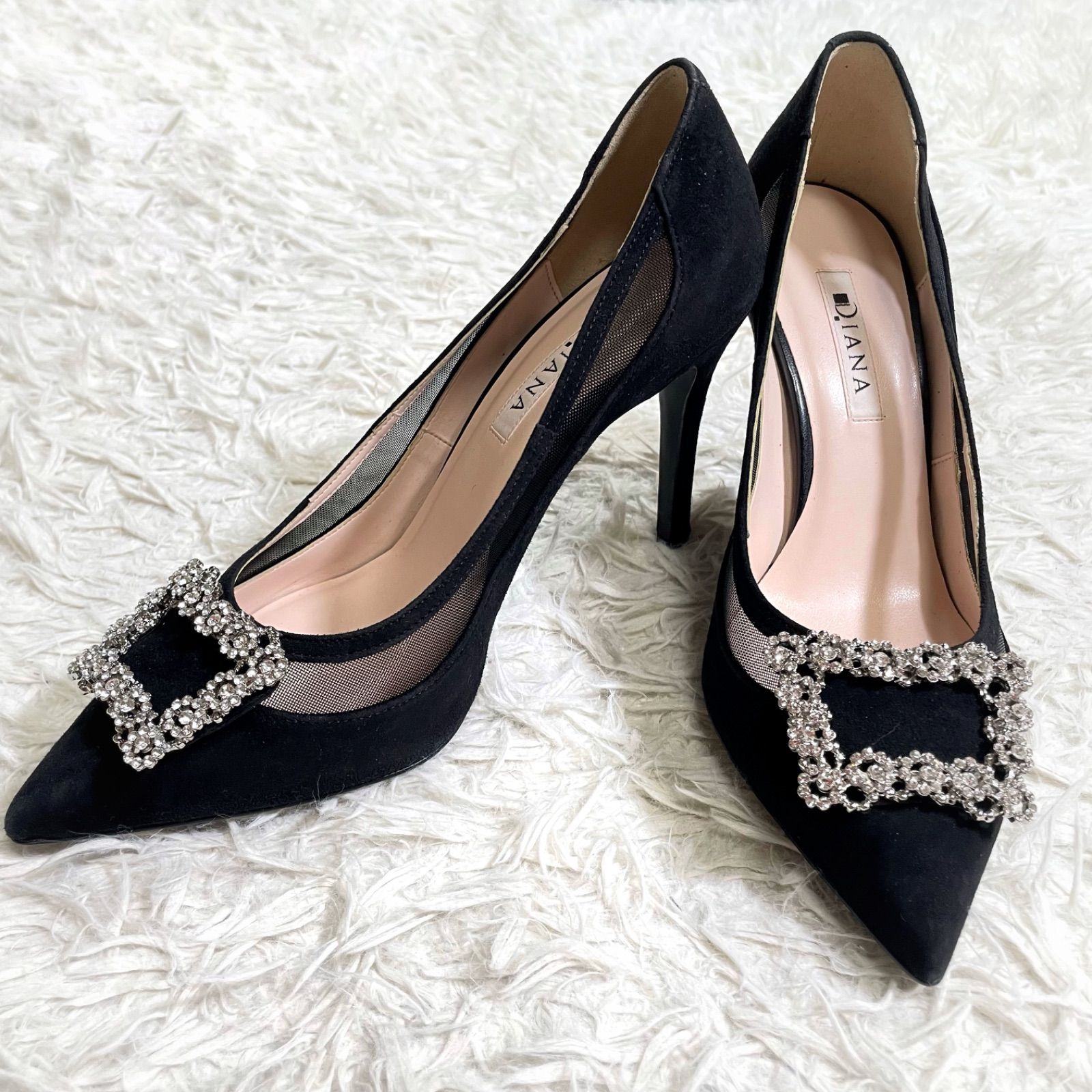 ダイアナ DIANA 級 ビジュースクエアバックル メッシュ切り替えスエードパンプス ポインテッドトゥ ピンヒール 25 黒