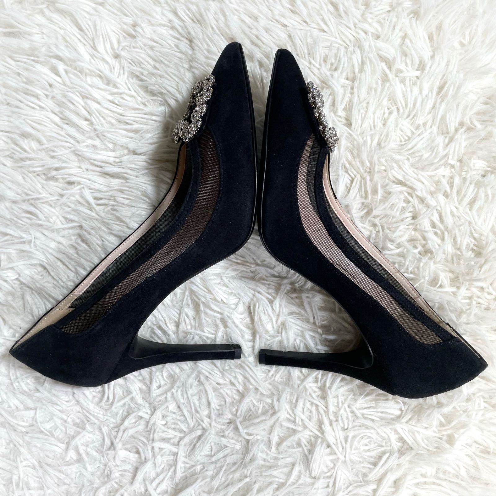 メッシュ切り替えスエードパンプス ポインテッドトゥ