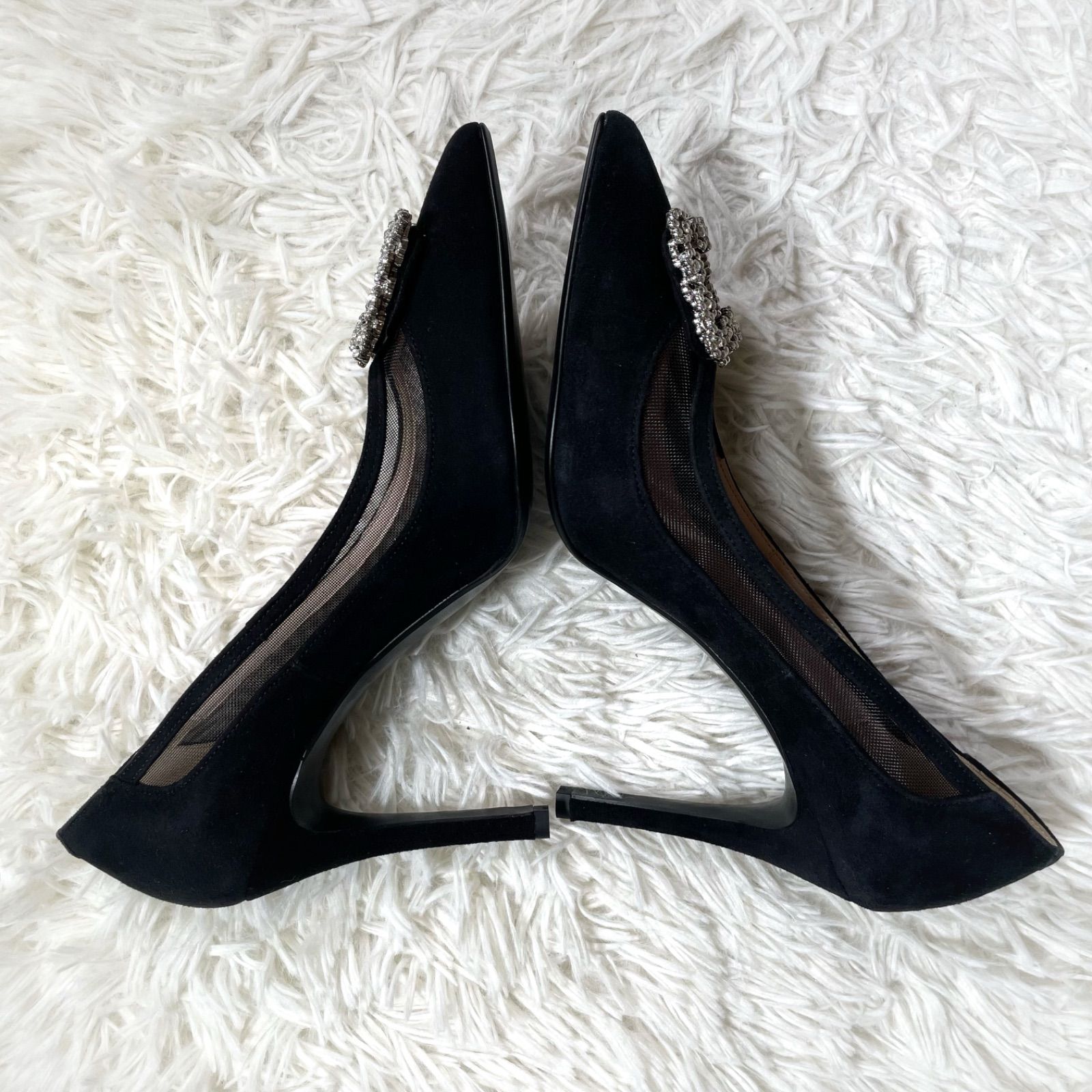  ダイアナ DIANA 級 ビジュースクエアバックル メッシュ切り替えスエードパンプス ポインテッドトゥ ピンヒール 25 黒 ハイヒール パンプス パンプス