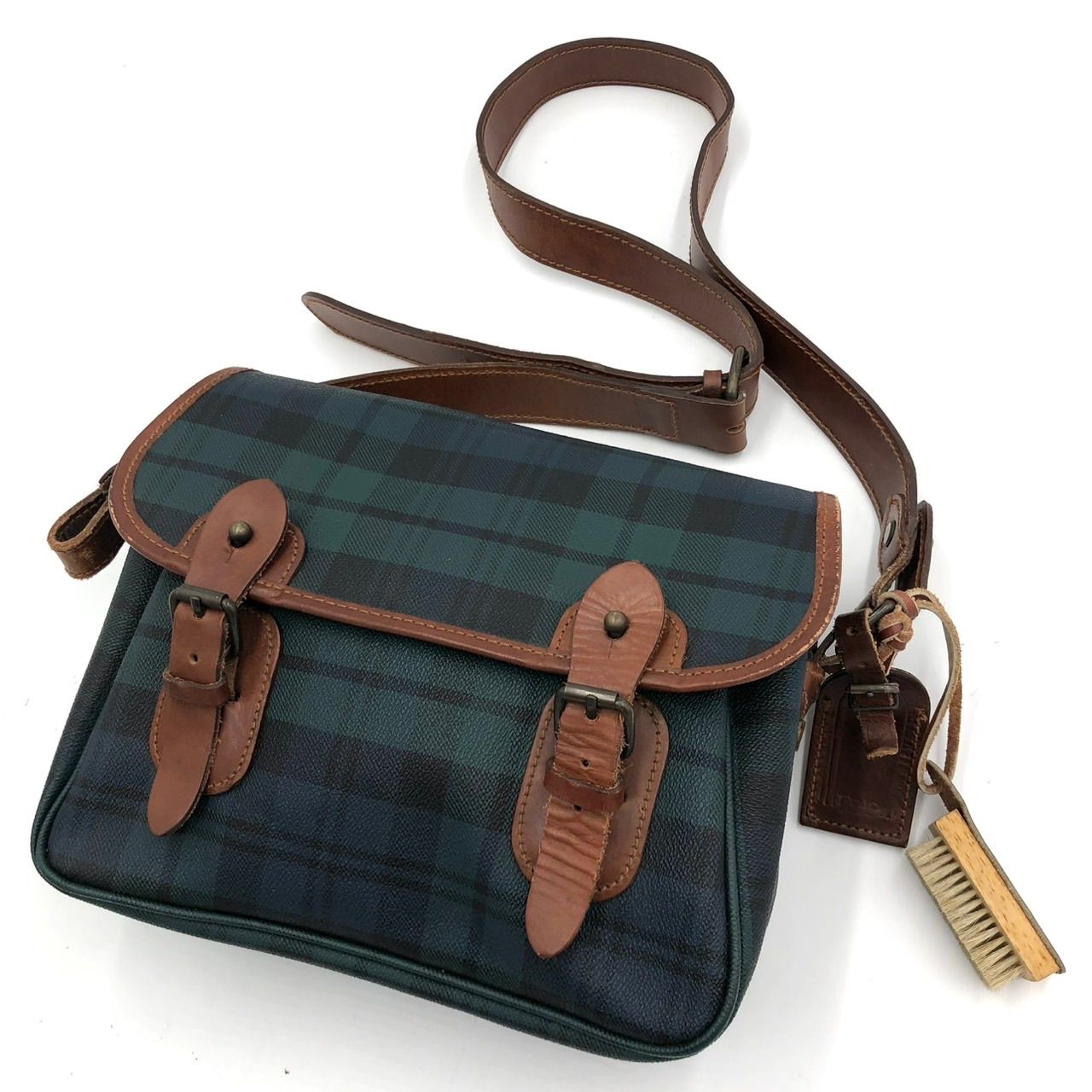 ポロラルフローレン ショルダーバッグ チェック PVC レザー 斜め掛け 緑 茶