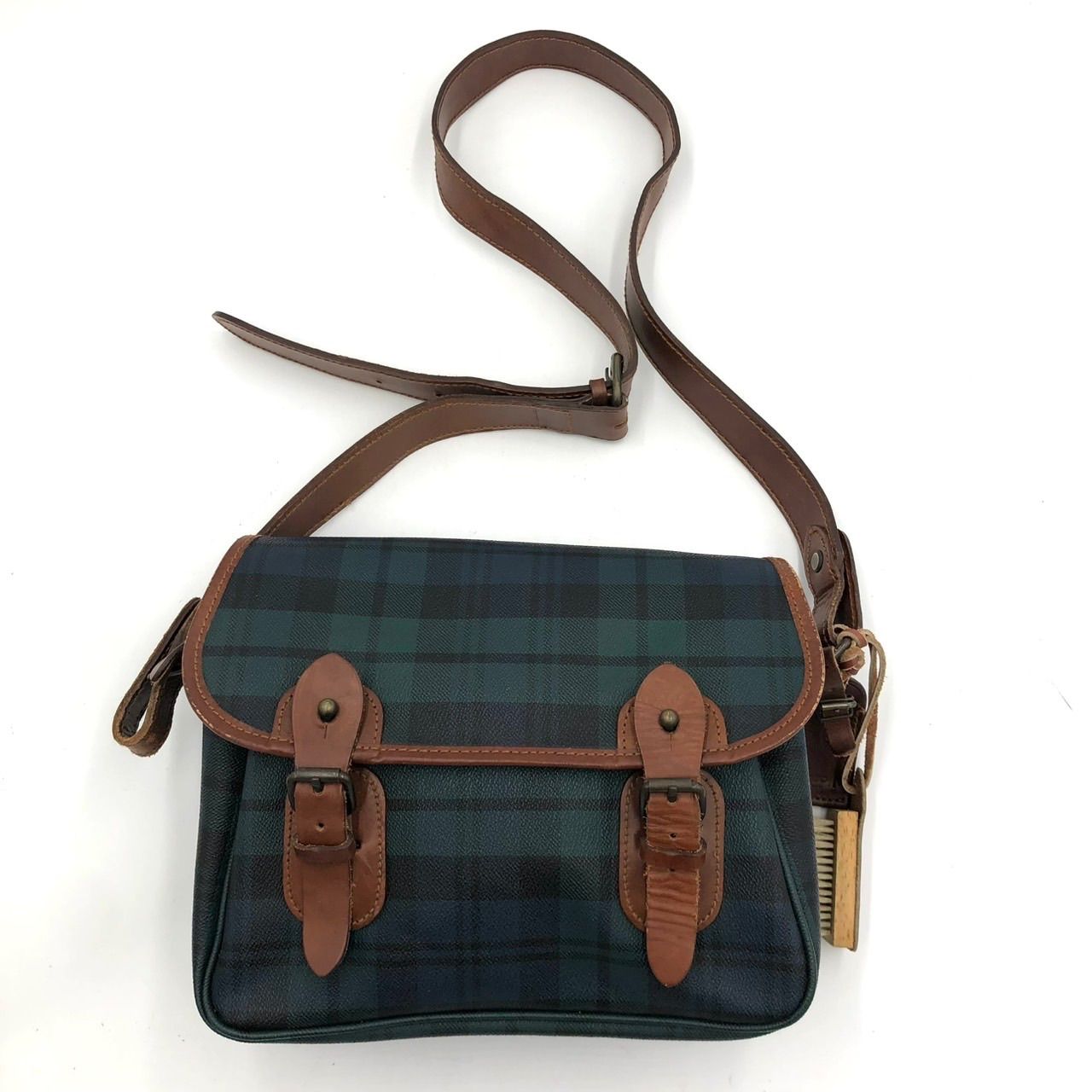 ポロラルフローレン ショルダーバッグ チェック PVC レザー 斜め掛け 緑 茶
