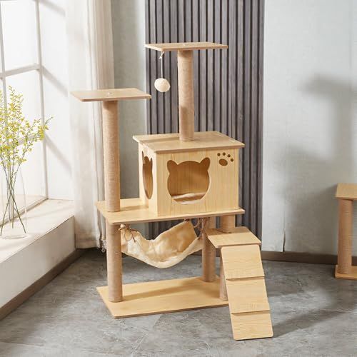 キャットタワー 据え置き 木製 猫タワー 子猫向け キャットハウス ハンモック付き 組み立て簡単 安定性 省スペース 天然麻紐の爪とぎ 運動不足解消 日本語説明書付き 高さ115 cm 彡 e 0 b 17002