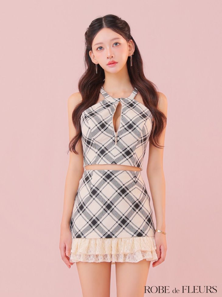 ROBE de FLEURS ローブドフルール fm4222［レースチェックバストジップ