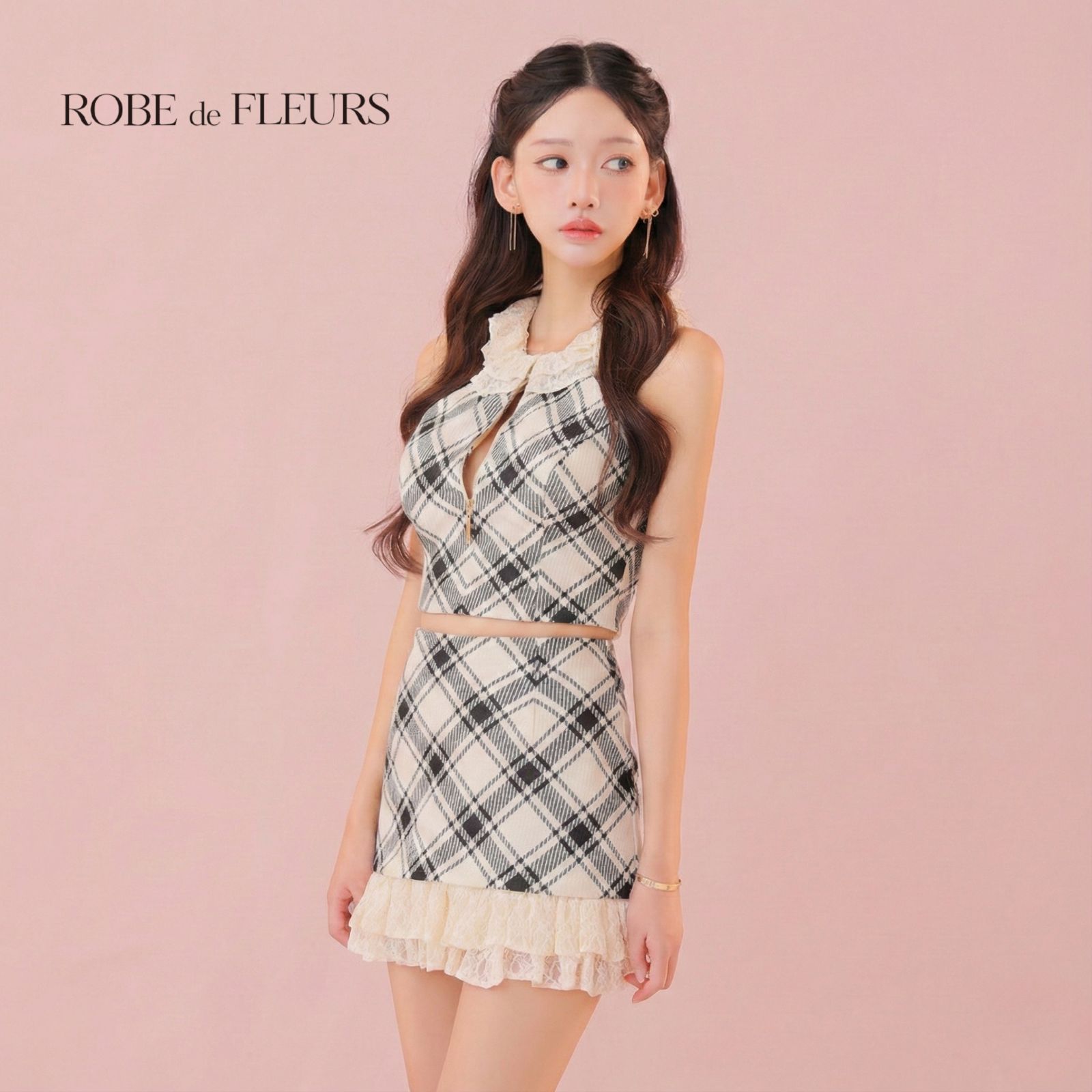 ROBE de FLEURS ローブドフルール fm4222［レースチェックバストジップ