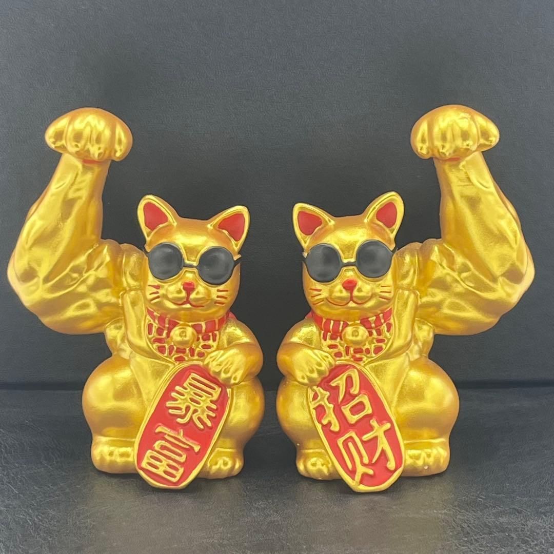 2点セット KM073 招き猫 金色 マッチョ 筋肉 置物 オブジェ 商売繁盛