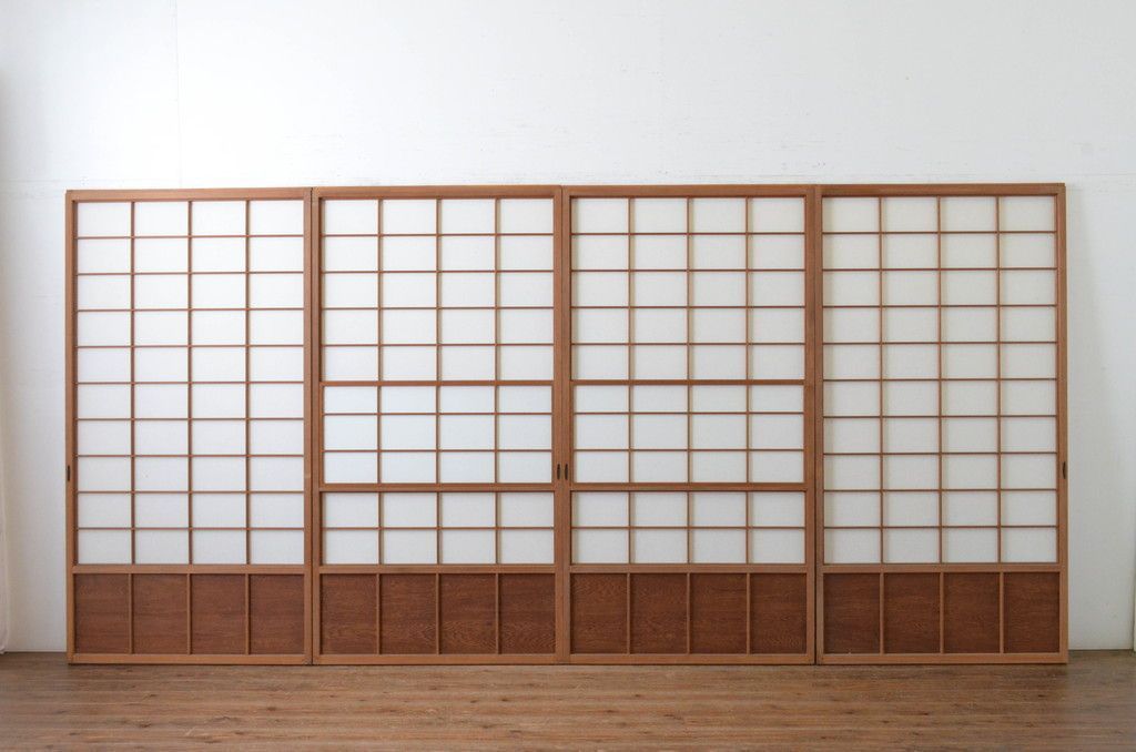 現状販売 雪見障子戸 セット アンティーク 上手物 腰板 笹木 縦格子付き 猫間障子戸 建具 擦り上げ障子戸 擦上障子戸 引き戸 4～7営業日前後で発送 修理加工希望の方3ヶ月程で発送 R-065086