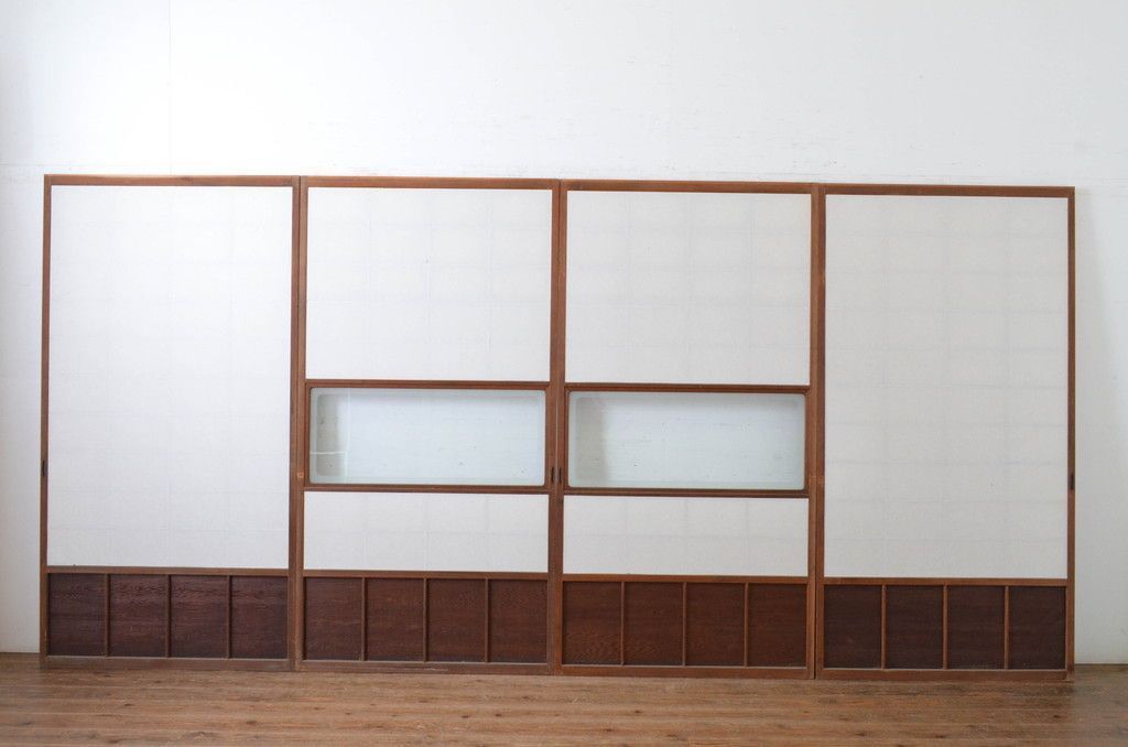  現状販売 雪見障子戸 セット アンティーク 上手物 腰板 笹木 縦格子付き 猫間障子戸 建具 擦り上げ障子戸 擦上障子戸 引き戸 4～7営業日前後で発送 修理加工希望の方3ヶ月程で発送 R-065086 ドア 扉 板戸 障子 住宅設備