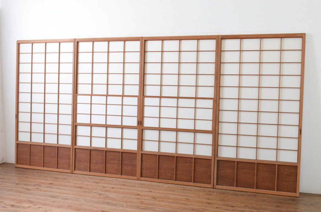 現状販売 雪見障子戸 セット アンティーク 上手物 腰板 笹木 縦格子付き 猫間障子戸 建具 擦り上げ障子戸 擦上障子戸 引き戸 4～7営業日前後で発送 修理加工希望の方3ヶ月程で発送 R-065086