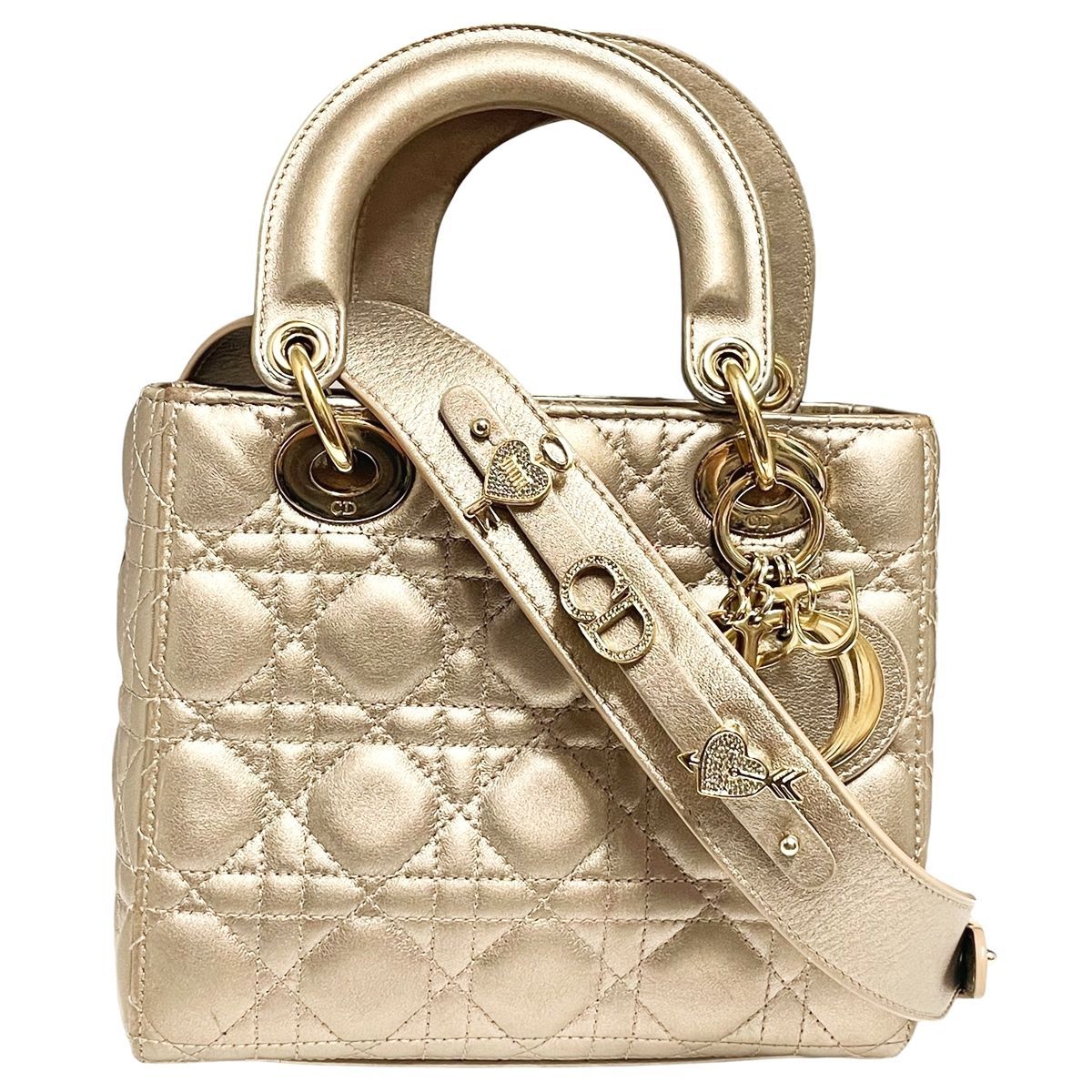 Dior レディディオール スモール MyABCDior シャンパンゴールド ショルダーバッグ チャーム ストラップ付属 カナージュ ラムスキン 2 way MK