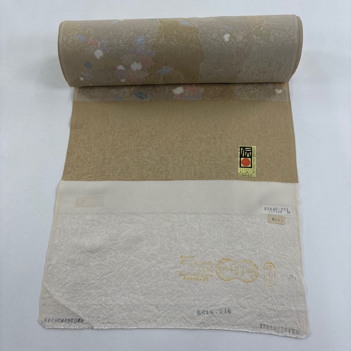 反物 秀品 小紋 草花 幾何学 ベージュ 正絹