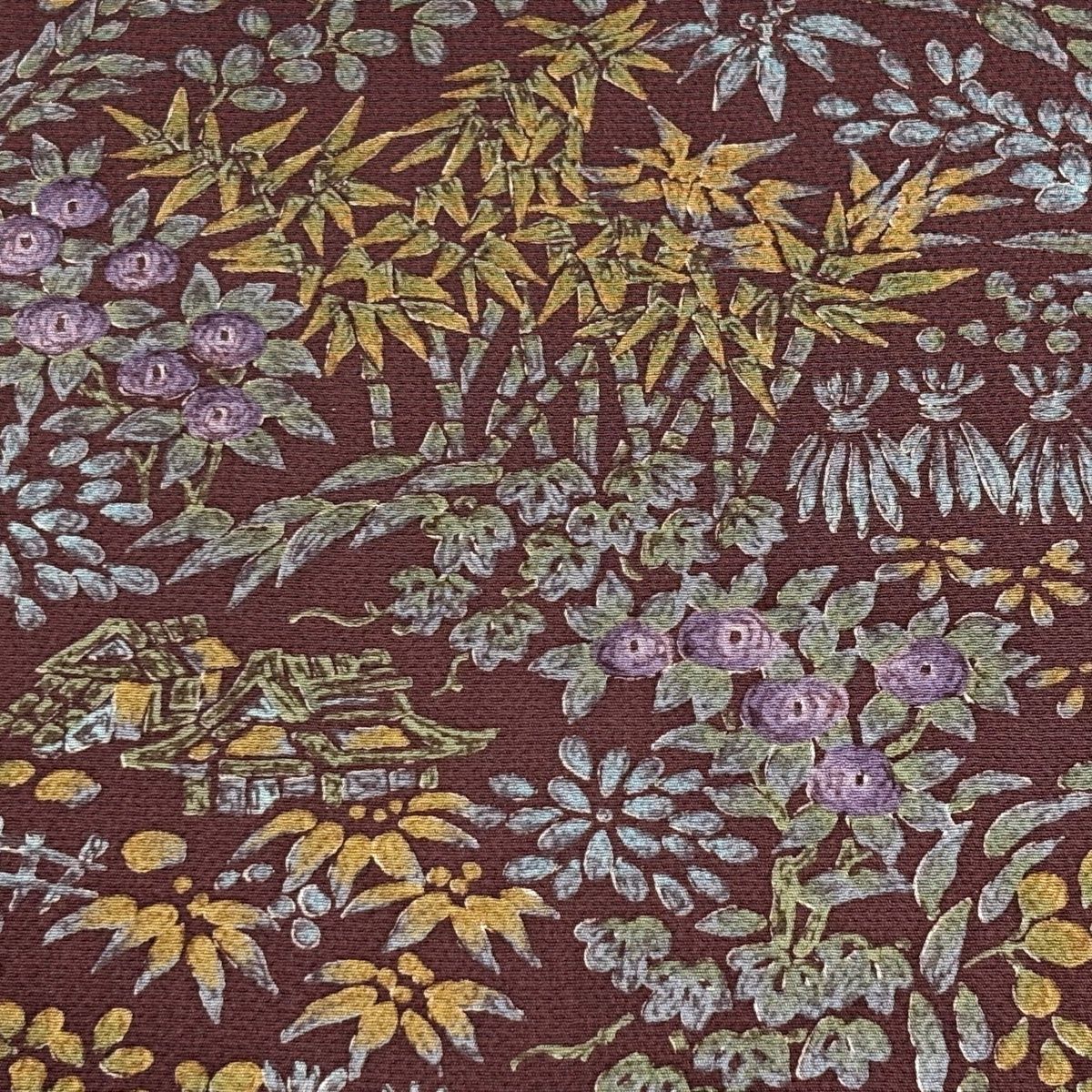 反物 秀品 小紋 落款 草花 建物 縮緬 更紗草木染 小豆色 正絹