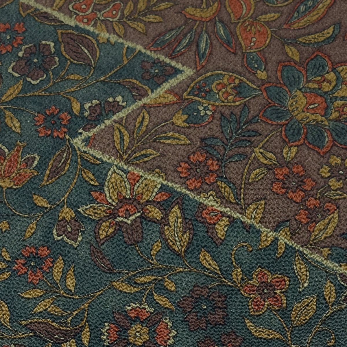 反物 秀品 小紋 更紗 花唐草 縮緬 茶緑色 正絹