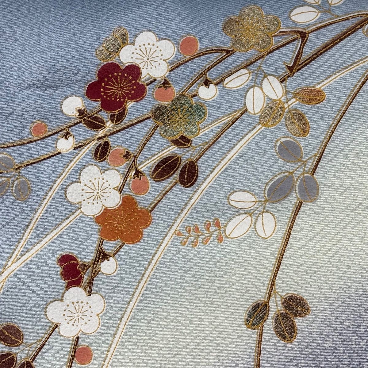 反物 秀品 付下げ 萩 梅 金彩 青灰色 正絹