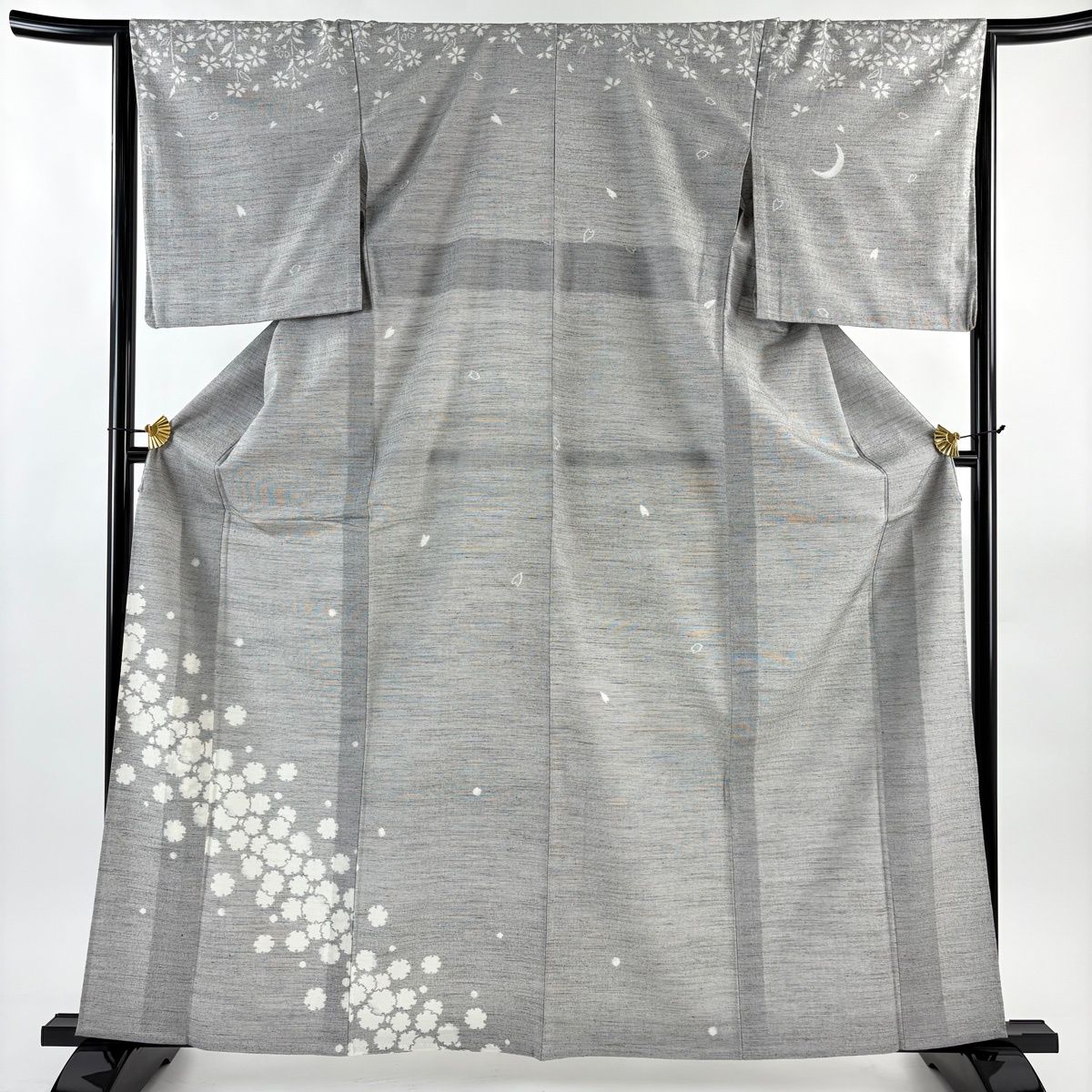 訪問着 身丈163cm 裄丈65cm M 単衣 雪輪 桜 紬地 灰色 正絹 秀品