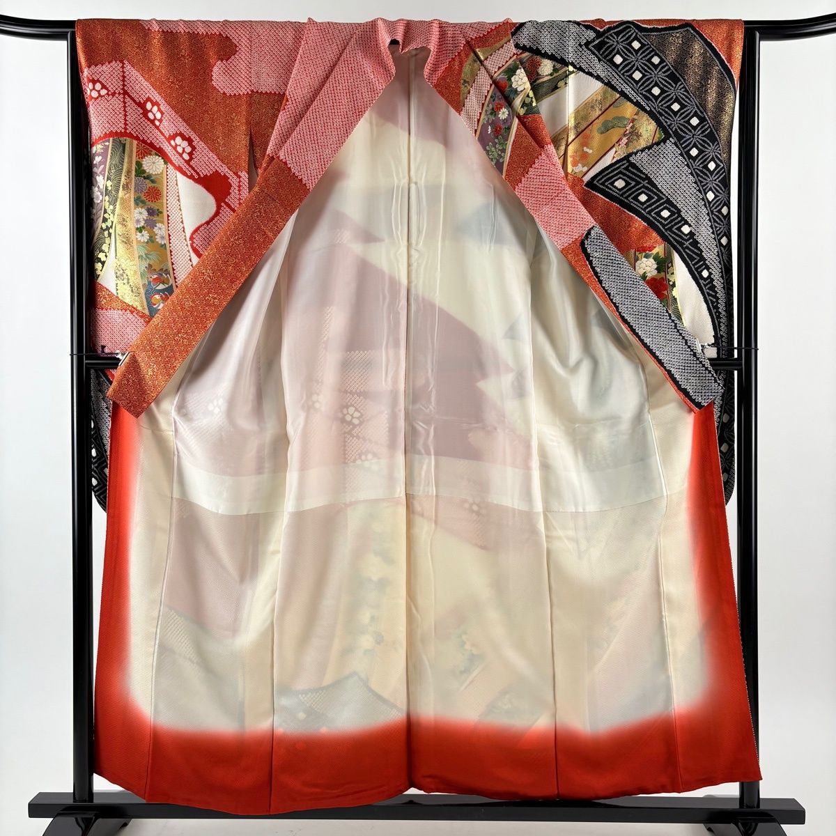  振袖 身丈157 cm 裄丈66 M 袷 束ね熨斗 牡丹 金彩 染め分け 赤 正絹 秀品 振袖 着物