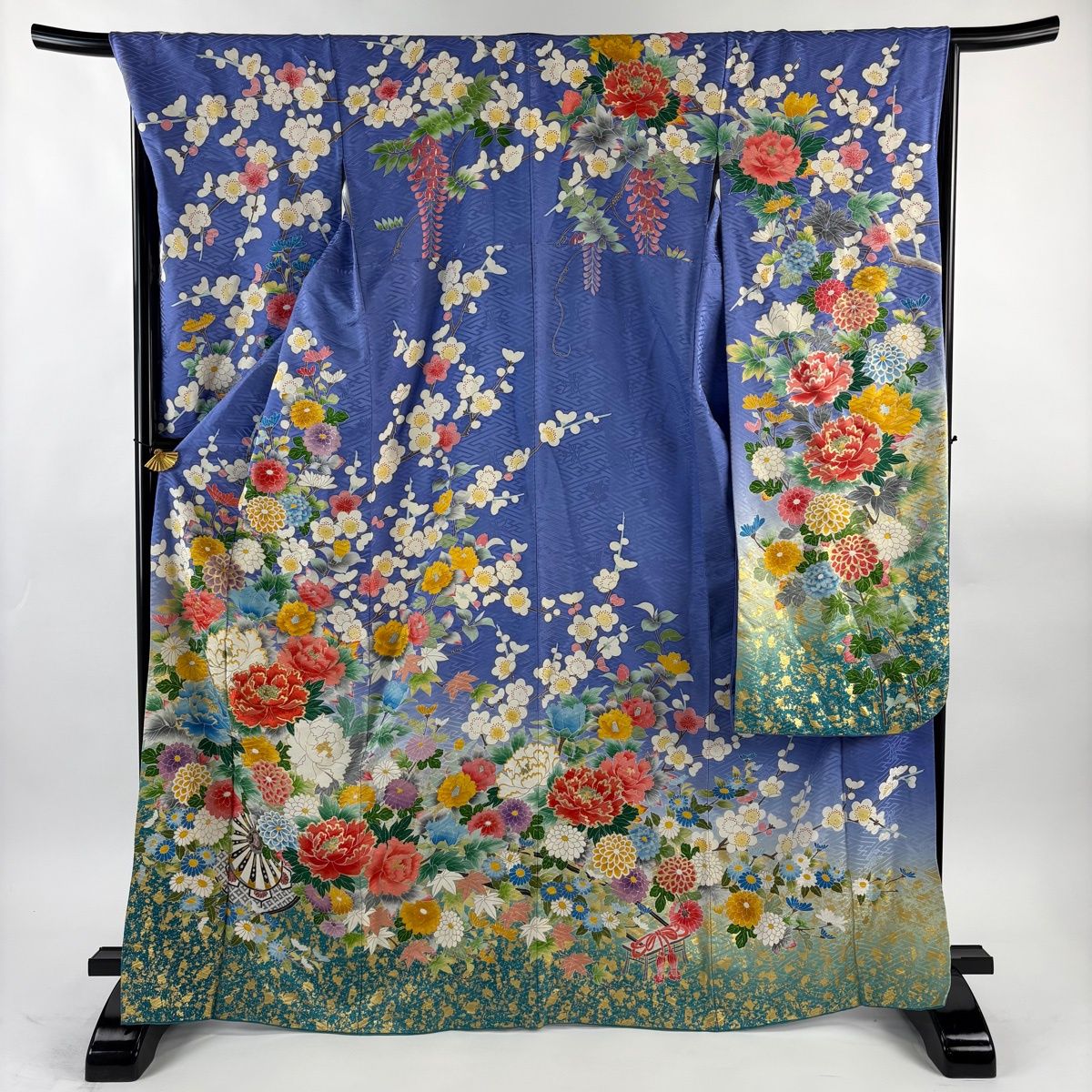 振袖 身丈168 5 cm 裄丈67 L 袷 花車 草花 金糸 金彩 紫 正絹 秀品